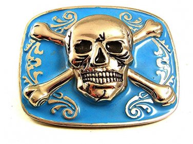 Vintage Silvertone & Blue Skull & Crossbones Belt Buckle 12317