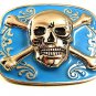 Vintage Silvertone & Blue Skull & Crossbones Belt Buckle 12317