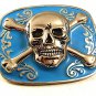 Vintage Silvertone & Blue Skull & Crossbones Belt Buckle 12317