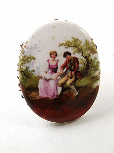 Vintage Silver Tone Porcelain Man Woman Violin Brooch / Pendant 121216