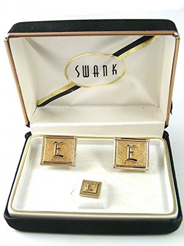 Vintage Silvertone Goldtone Initial E Cufflinks & Tie Tac In Box By SWANK 61217