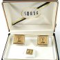 Vintage Silvertone Goldtone Initial E Cufflinks & Tie Tac In Box By SWANK 61217