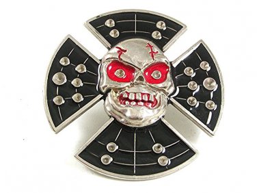Silvertone Black Red Skull Eyes Mean Looking Belt Buckle 41017