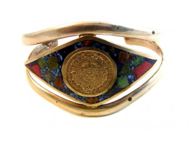 Vintage Mexican Sterling Silver Aztec Calender Cuff Bracelet