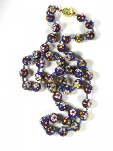 Chinese Dark Blue Red White Flower Bead Knotted Necklace 28" Unbranded 81915