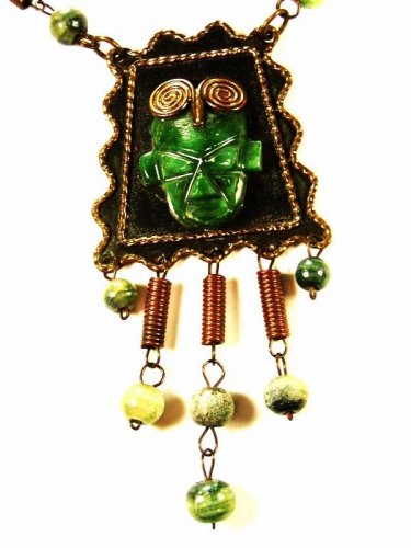 Mexican Copper Green Stones Aztec 20" Chain Dangley Necklace Unmarked 72215