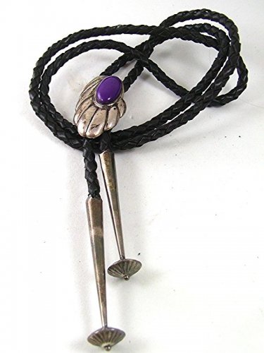 Vintage Native American Sterling Silver Purple Stone Bolo Leather Cord 52617