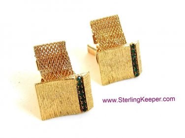 Vintage 1970's Gold Tone & Green CZs Wrap Around Cufflinks