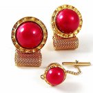 1970's Gold Tone & Pink Wrap Around Cufflinks & Tie Tac 9616