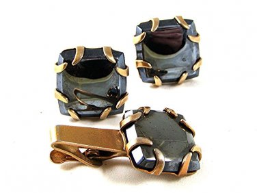 Gold Tone & Hematite Cufflinks & Matching Tie Clasp PAT PEND 111716