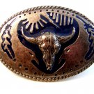 Silver Tone & Enameled Bulls Skull & Feathers Belt Buckle