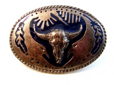 Silver Tone & Enameled Bulls Skull & Feathers Belt Buckle