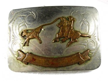 1950's - 60's Nickel Silver Rodeo Calf Roping Belt Buckle Unbranded 22916
