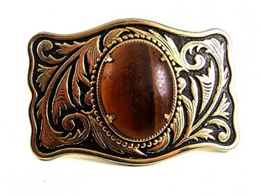 Vintage Western Cowboy Goldtone & Tiger Eye Belt Buckle 9617