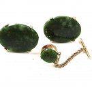 Vintage Silver Tone & Green Cufflinks & Tie Tac By DANTE 2117