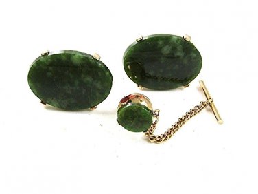 Vintage Silver Tone & Green Cufflinks & Tie Tac By DANTE 2117