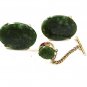 Vintage Silver Tone & Green Cufflinks & Tie Tac By DANTE 2117