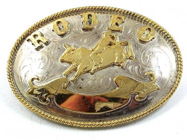 Western RODEO Mexican 2 Tone Bull Riding Alpaca Slver Belt Buckle 21317