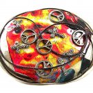 Vintage Silvertone Orange Black Yellow Crosses Peace Signs Belt Buckle 12317