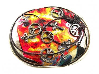 Vintage Silvertone Orange Black Yellow Crosses Peace Signs Belt Buckle 12317