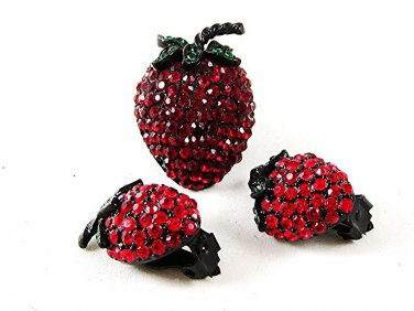 Vintage Red Green Black Strawberry Brooch & Earrings By WEISS 102416