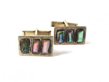 Vintage Sterling Silver & Abalone 3 Bars Cufflinks Unbranded 41416