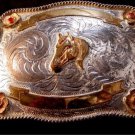 Vintage Silver & Gold Tone & Red Rodeo Cowboy Belt Buckle With Horse