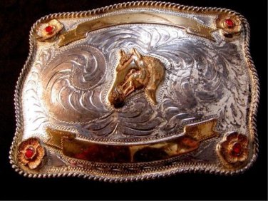 Vintage Silver & Gold Tone & Red Rodeo Cowboy Belt Buckle With Horse
