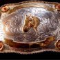 Vintage Silver & Gold Tone & Red Rodeo Cowboy Belt Buckle With Horse