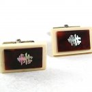 Vintage Silvertone Brown White Oriental Writing Cufflinks 10717