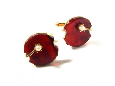Vintage Gold Tone & Red w/ Pearl Cufflinks By SWANK 51016