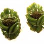 1930's - 40's Two (2) Hand Carved Green Bakelite Flower Clips Unbranded 10715