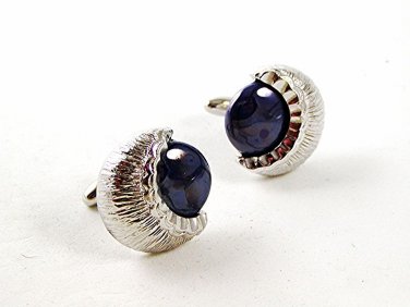 Vintage Silver Tone Quarter Moon & Blue Cufflinks 92916