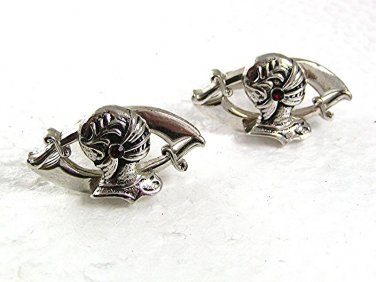 Vintage Silvertone Red Knights Helmet 2 Swords Cufflinks By SWANK 71417