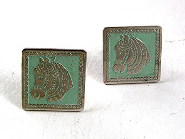 Vintage Silvertone & Green Horse Head Cufflinks 51717
