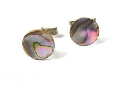Vintage Round Abalone Silver Tone Cufflinks PAT. PEND. 8116