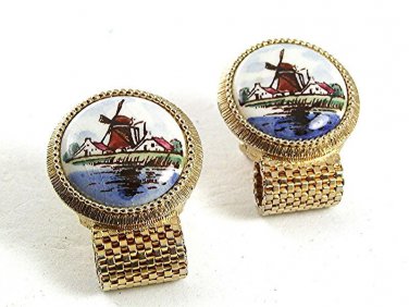 Vintage 1970's Goldtone & Dutch Wind Mill Wrap Around Cufflinks By S In Shield