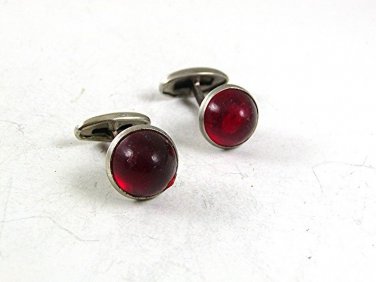 Vintage Art Deco Small Silvertone & Red Cufflinks 102817