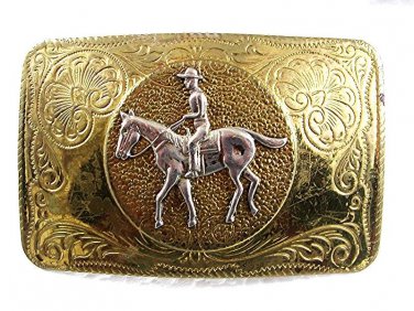 1940's - 60's Goldtone Silvertone Cowboy On Horse Belt Buckle 62917