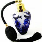 Gold Tone Blue & Black Art Glass Flowers Perfume Bottle & Atomizer 1117