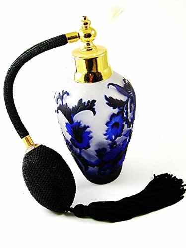 Gold Tone Blue & Black Art Glass Flowers Perfume Bottle & Atomizer 1117