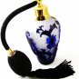 Gold Tone Blue & Black Art Glass Flowers Perfume Bottle & Atomizer 1117