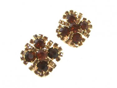 Vintage Brown Yellow Rhinestone Sparkly Clip On Earrings By KRAMER 52516
