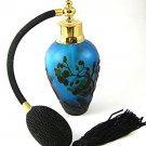 Gold Tone Blue & Black Art Glass Flowers Perfume Bottle & Atomizer 1117abc