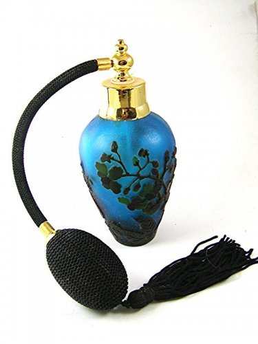 Gold Tone Blue & Black Art Glass Flowers Perfume Bottle & Atomizer 1117abc