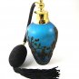 Gold Tone Blue & Black Art Glass Flowers Perfume Bottle & Atomizer 1117abc
