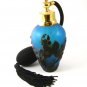 Gold Tone Blue & Black Art Glass Flowers Perfume Bottle & Atomizer 1117abc