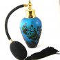 Gold Tone Blue & Black Art Glass Flowers Perfume Bottle & Atomizer 1117abc