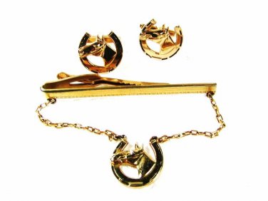 Goldtone  Horse Head Shoe Cufflinks & Tie Clasp By HICKOK U.S.A. 33116