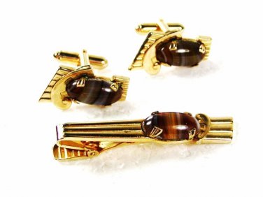Goldtone & Agate Cufflinks & Tie Clasp Cufflinks by ANSON 32916